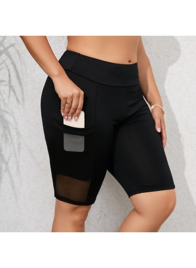 إسكدنيا 2023 European And American Five-point Adult Swimming Trunks Quick-drying Conservative High Waist Boxers Solid Color Swimming Trunks Women Plus Size-Color:Black 23023- - Image 2