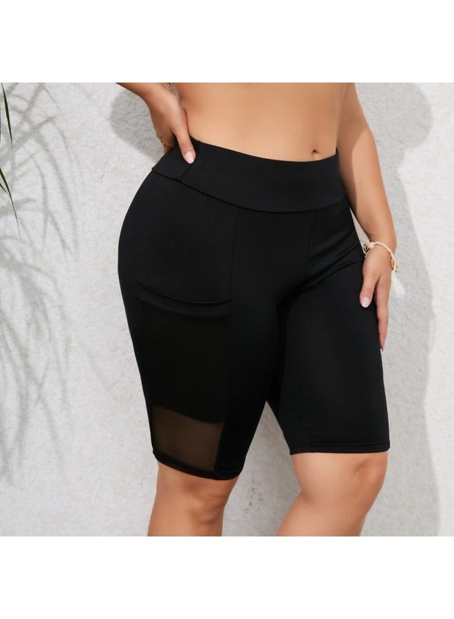 إسكدنيا 2023 European And American Five-point Adult Swimming Trunks Quick-drying Conservative High Waist Boxers Solid Color Swimming Trunks Women Plus Size-Color:Black 23023- - Image 3