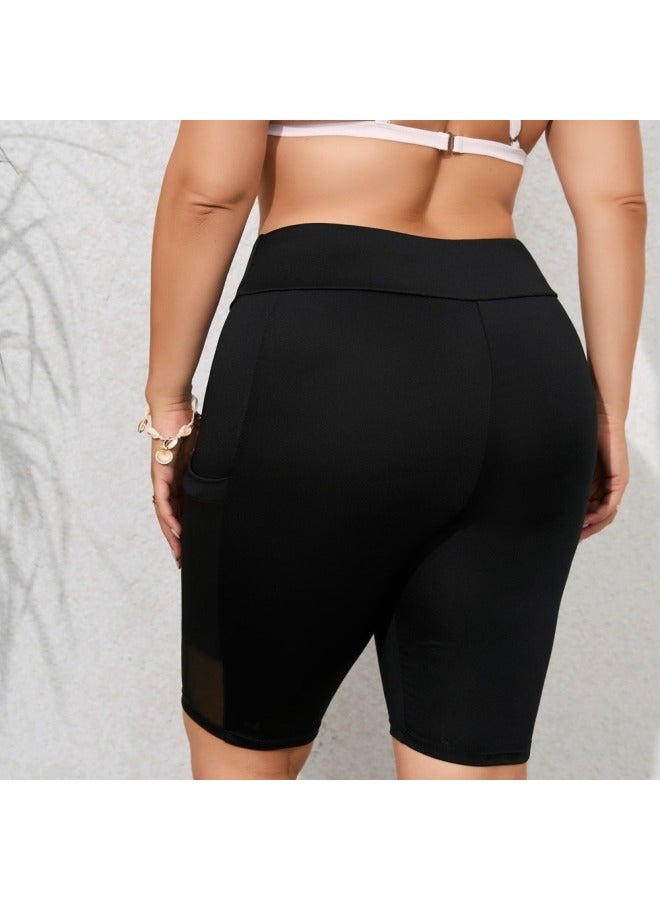 إسكدنيا 2023 European And American Five-point Adult Swimming Trunks Quick-drying Conservative High Waist Boxers Solid Color Swimming Trunks Women Plus Size-Color:Black 23023- - Image 5