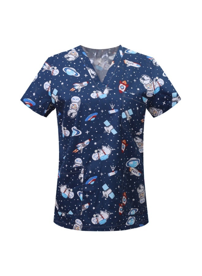 Loquat Womens Medical Scrubs Single Top Medical Uniform Single Printed Top Aerospace Print on Blue Background - Image 1
