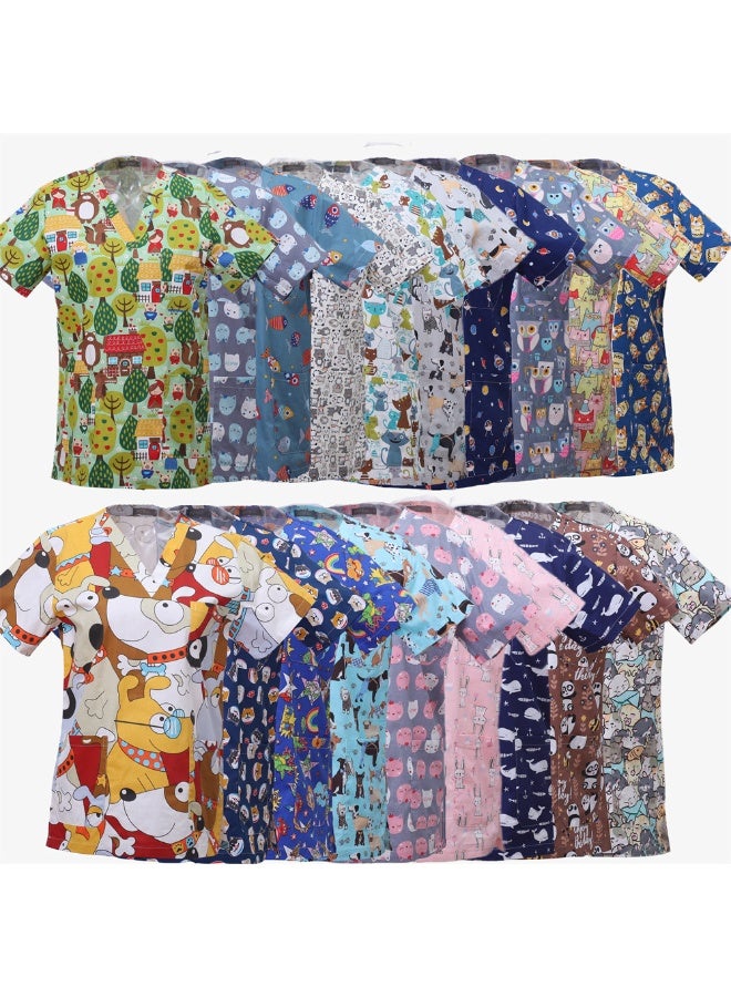 Loquat Womens Medical Scrubs Single Top Medical Uniform Single Printed Top Aerospace Print on Blue Background - Image 2