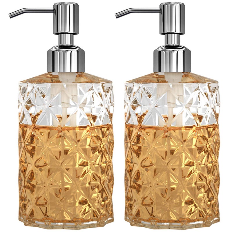 GLADPURE Soap Dispenser  2 Pack 12 Oz Clear Diamond Design Glass Refillable Hand Soap Dispensers with 304 Rust Proof Stainless Steel Pump Lotion Dispensers for Kitchen Bathroom