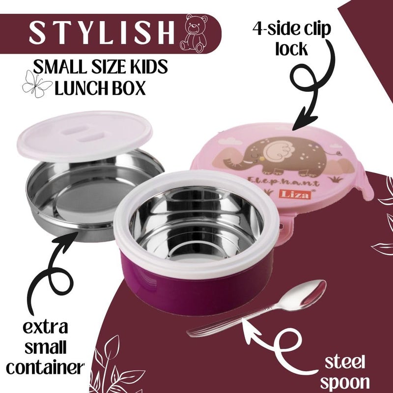 Liza Liza-Tasty Bites Lunch Box Stainless Steel Leak-Proof Snacks, for School Kids,Office Outer Plastic,Inner Steel Lunch Box with Steel Spoon for All,Light Weight,Easy Clean 380ml (Pack of 1) Purple - Image 3