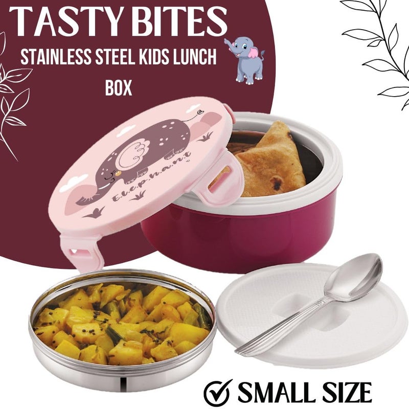 Liza Liza-Tasty Bites Lunch Box Stainless Steel Leak-Proof Snacks, for School Kids,Office Outer Plastic,Inner Steel Lunch Box with Steel Spoon for All,Light Weight,Easy Clean 380ml (Pack of 1) Purple - Image 2