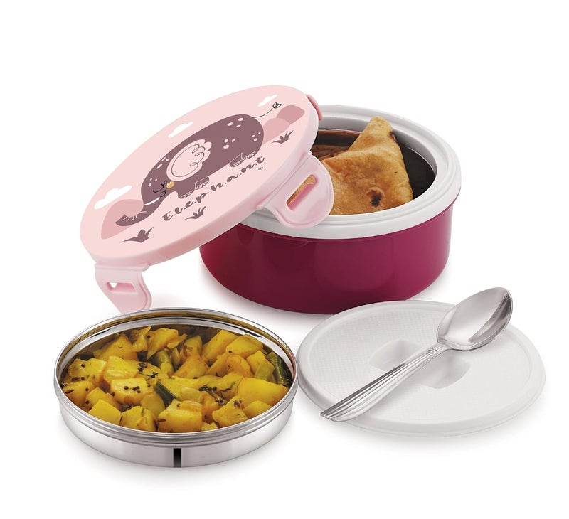 Liza Liza-Tasty Bites Lunch Box Stainless Steel Leak-Proof Snacks, for School Kids,Office Outer Plastic,Inner Steel Lunch Box with Steel Spoon for All,Light Weight,Easy Clean 380ml (Pack of 1) Purple - Image 1