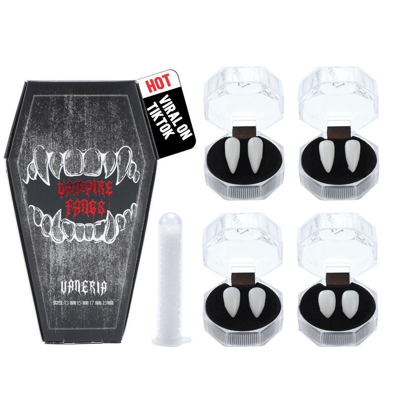 VANERIA 4 Pairs Vampire Fangs4 Size Fangs For Cosplay Halloween with Tube Solid AdhesiveVampire Coffin Gift Box DesignVeganCruelty Free - Image 2