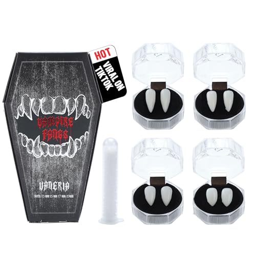 VANERIA 4 Pairs Vampire Fangs4 Size Fangs For Cosplay Halloween with Tube Solid AdhesiveVampire Coffin Gift Box DesignVeganCruelty Free - Image 1
