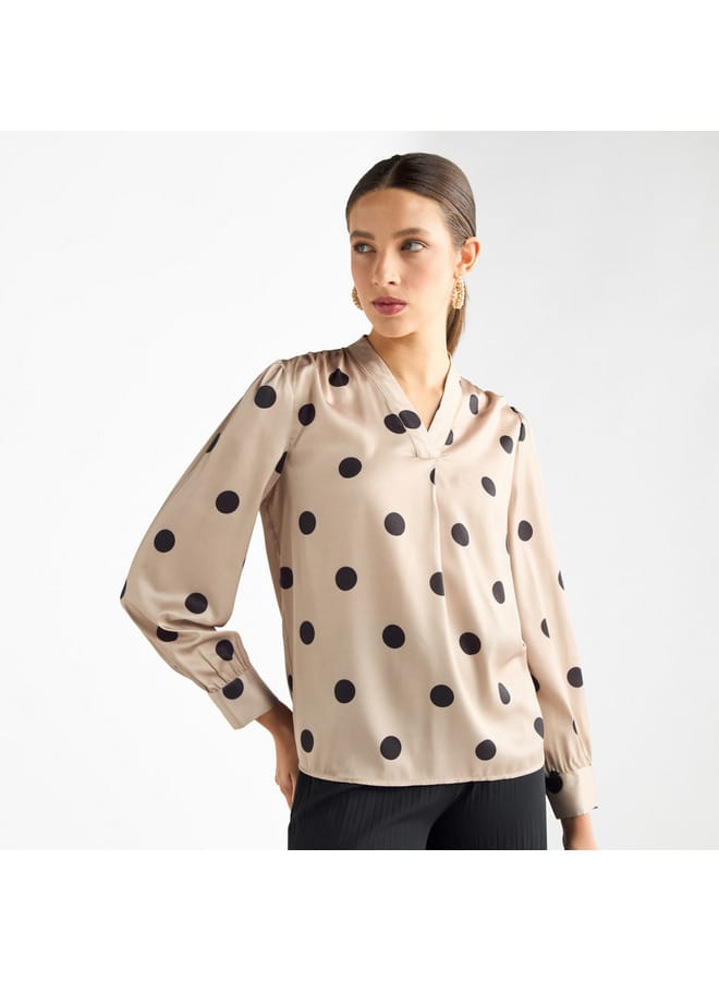 Splash FAV All-Over Polka Dot Print V-neck Top with Long Sleeves  - Image 1