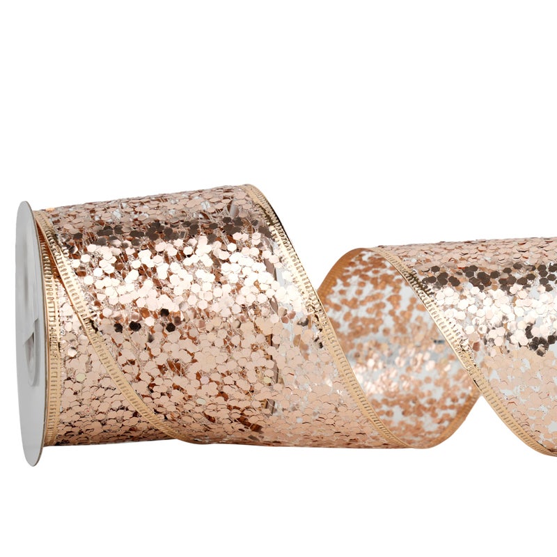 DINDOSAL Rose Gold Wired Ribbon 25 Inch Rose Gold Christmas Tree Ribbon Glitter Sequin Metallic Mesh Wired Christmas Ribbon for Wreaths Topper Bows Crafts Gift Wrap Holiday Decor 10 Yards 30Ft