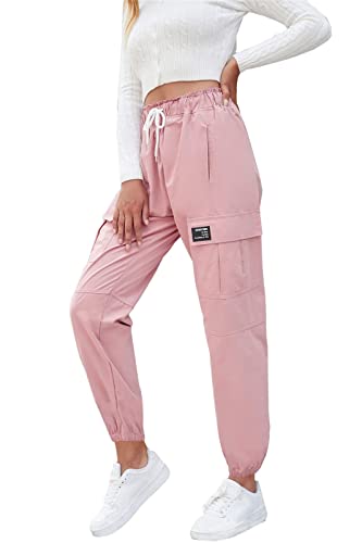 SANGTREE Girls Cargo Pants, Elastic Waist Drawstring Loose Tapered Multi Pockets Cargo Jogger Pants for Girl, Pink, 9-10 Years Big Kid = Tag 150 - Image 3