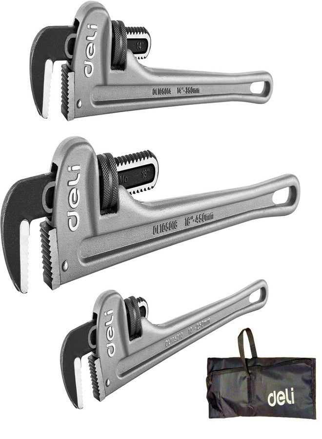 deli 3-Piece Heavy Duty Aluminum Pipe Wrench Set, 10" 14" 18" Adjustable Pipe Wrench Set with Tool Bag, Professional Plumbing wrench Set, for Pipe, Home, Vehicle repair - Image 1