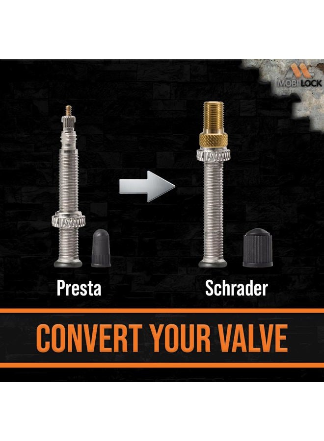 Mobi Lock 5 Pcs (+ 10 Caps) Brass Presta Valve Adapter - Convert Presta to Schrader/Auto for All Types of Bikes, e-Bikes and e-Scooters - Inflate Tire Using Standard Pump or Air Compressor - by Mobi Lock - Image 2
