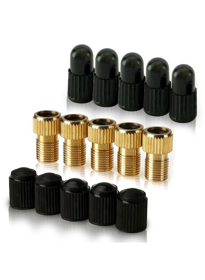Mobi Lock 5 Pcs (+ 10 Caps) Brass Presta Valve Adapter - Convert Presta to Schrader/Auto for All Types of Bikes, e-Bikes and e-Scooters - Inflate Tire Using Standard Pump or Air Compressor - by Mobi Lock - Image 1
