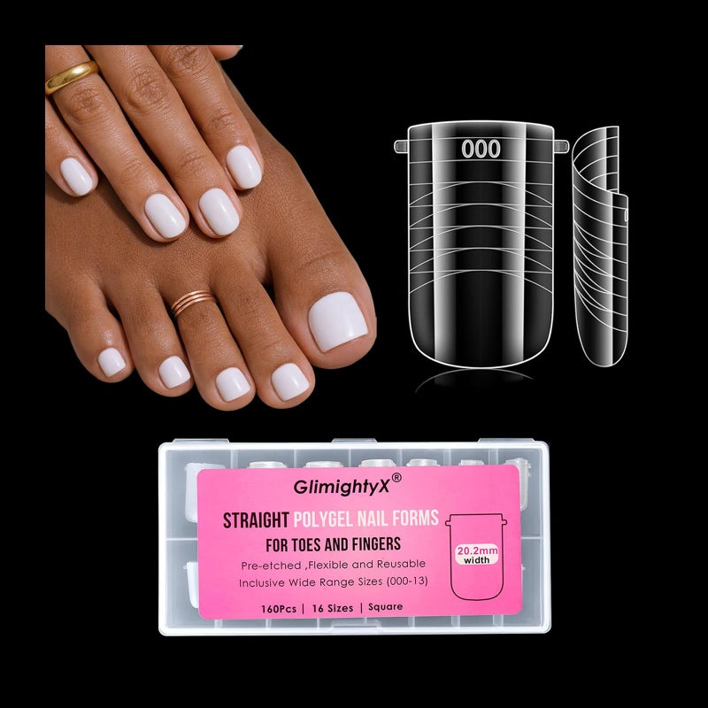 GlimightyX Straight Flat Polygel Nail Forms for Finger and Toes,GlimightyX Pre-etched No File Dual Forms Molds for Large Wider Normal Petite Finger &Toe Nail Beds,16 Sizes 000 to 13 - Image 1