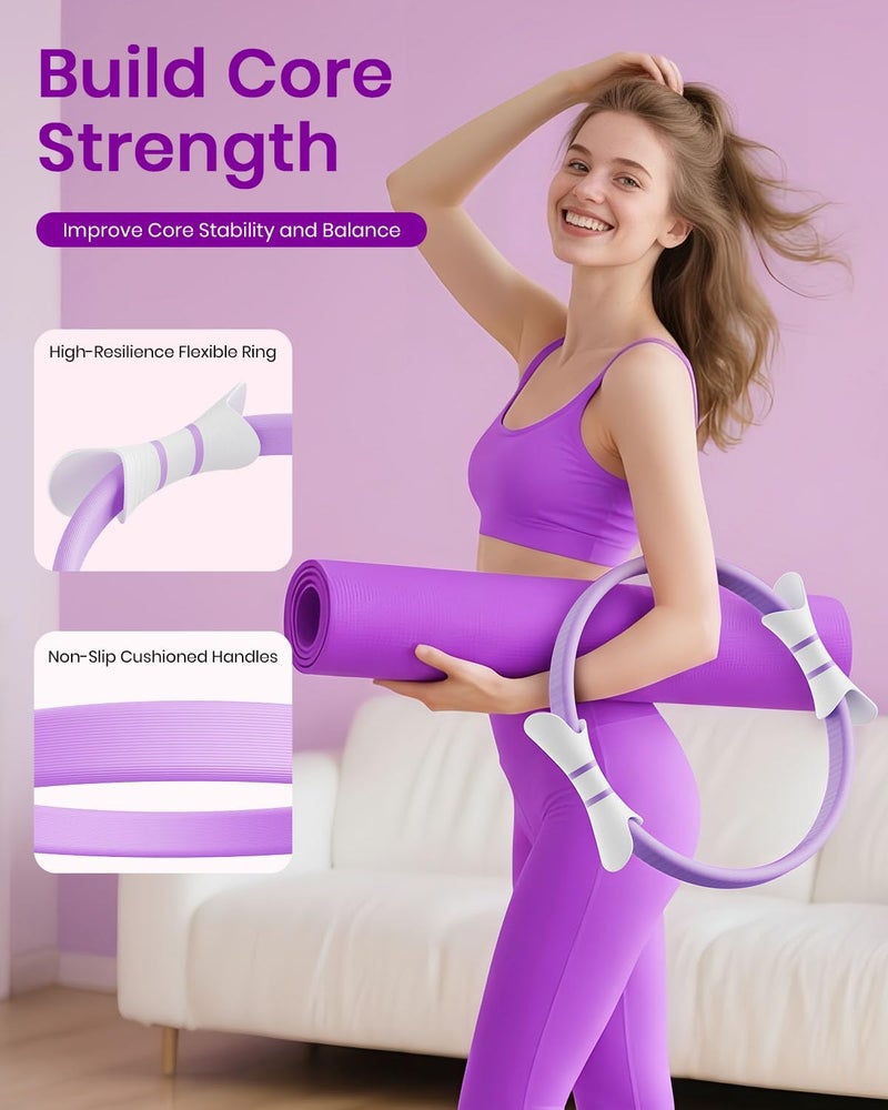 Fuelion Pilates Ring Set for Women, Home Workout Pilates Equipment with Resistance Bands, 14'' Magic Circle, Mini Ball, Pilates Starter Kit for Strength, Toning and Flexibility (Purple, Medium-Level2) - Image 4
