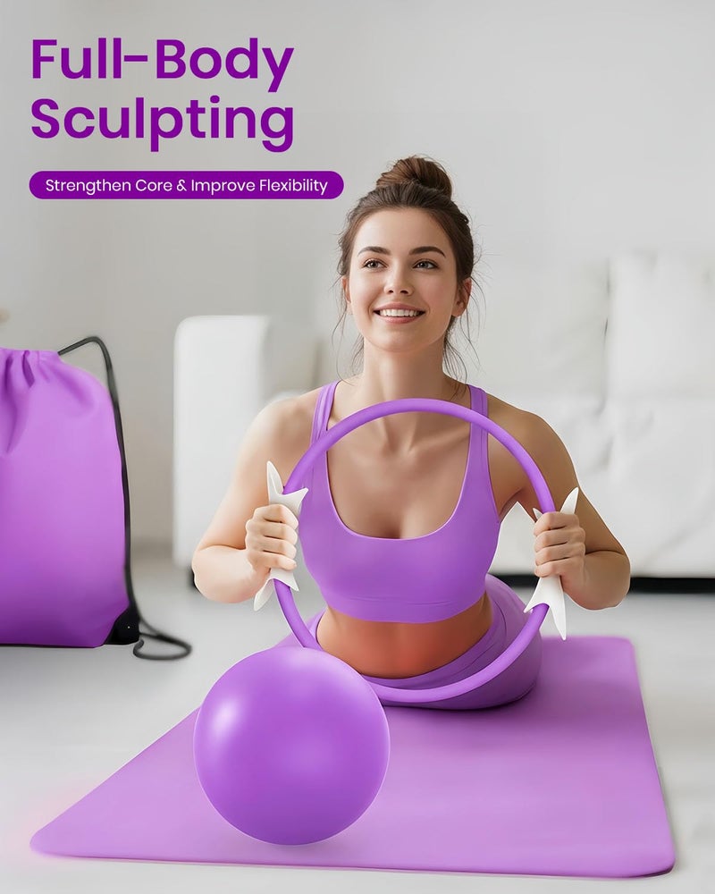 Fuelion Pilates Ring Set for Women, Home Workout Pilates Equipment with Resistance Bands, 14'' Magic Circle, Mini Ball, Pilates Starter Kit for Strength, Toning and Flexibility (Purple, Medium-Level2) - Image 3