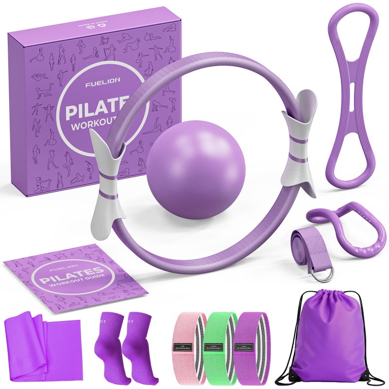 Fuelion Pilates Ring Set for Women, Home Workout Pilates Equipment with Resistance Bands, 14'' Magic Circle, Mini Ball, Pilates Starter Kit for Strength, Toning and Flexibility (Purple, Medium-Level2) - Image 1