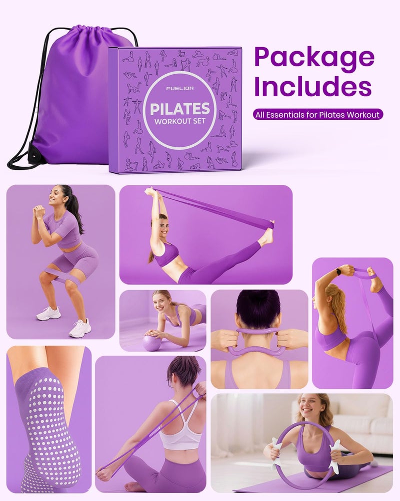 Fuelion Pilates Ring Set for Women, Home Workout Pilates Equipment with Resistance Bands, 14'' Magic Circle, Mini Ball, Pilates Starter Kit for Strength, Toning and Flexibility (Purple, Medium-Level2) - Image 2