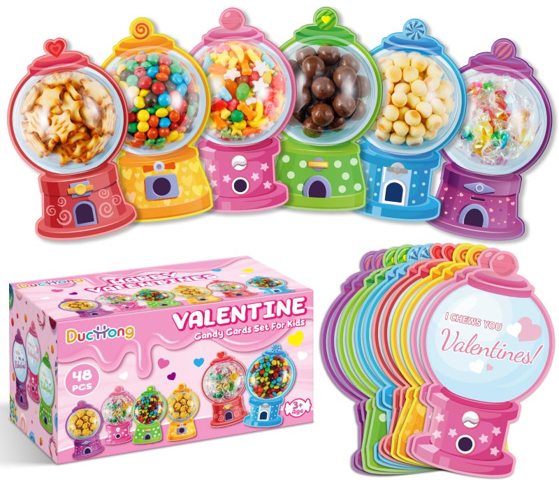 Duchong Valentines Day Cards for Kids Classroom, 48 Pack Valentines Candy Cards with Craft Treat Holder, DIY Kids Valentine's Day Exchange Gifts for Boys Girls Toddler School Rewards Party Supplies - Image 1