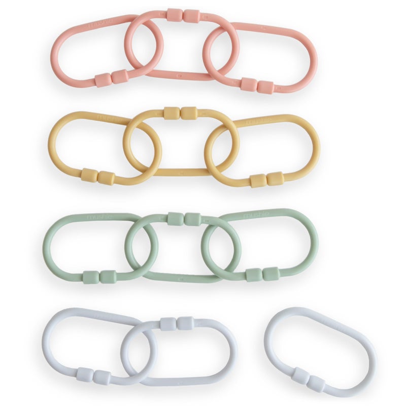 mushie Baby Chain Link Rings Toy 12-Count | Multiuse Car Seat Stroller Connecting Toy (Periwinkle, Mustard, Green, Coral) - Image 1
