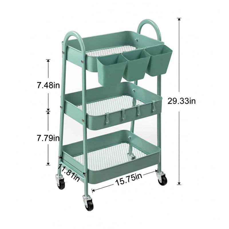 danpinera 3-Tier Rolling Cart, Utility Cart Mobile Metal Rolling Storage Cart with Lockable Wheels & Hanging Cups & Hooks for Kitchen, Bathroom, Office, Workshop, Green - Image 2