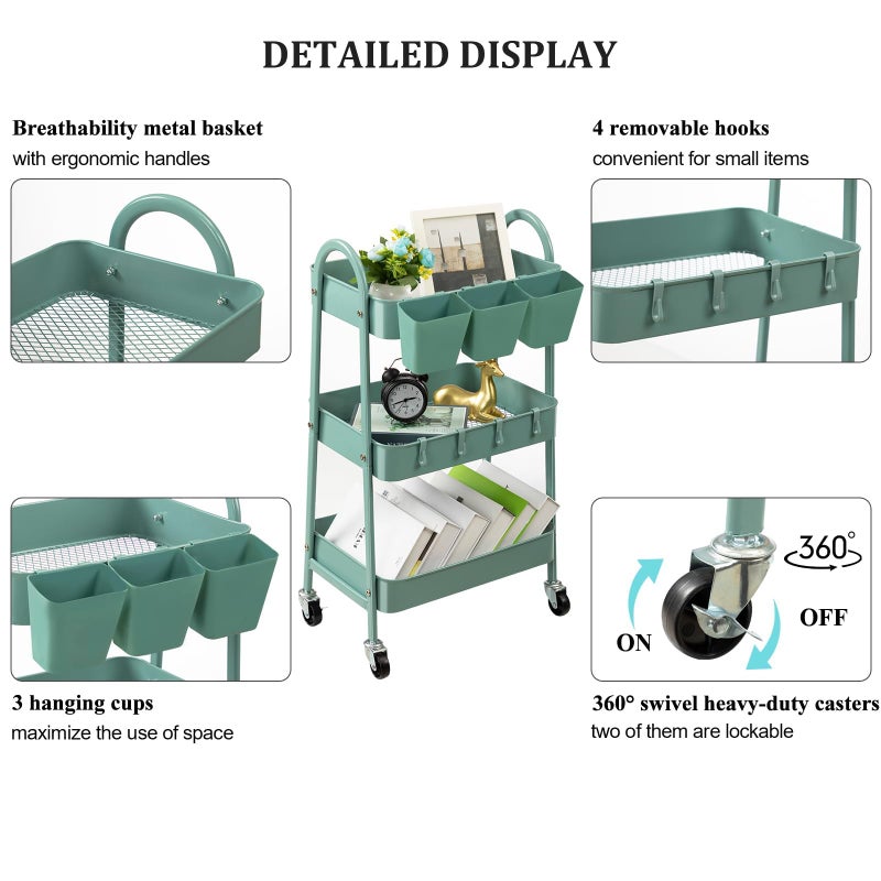 danpinera 3-Tier Rolling Cart, Utility Cart Mobile Metal Rolling Storage Cart with Lockable Wheels & Hanging Cups & Hooks for Kitchen, Bathroom, Office, Workshop, Green - Image 3