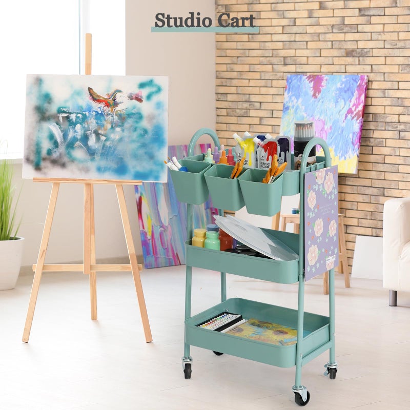 danpinera 3-Tier Rolling Cart, Utility Cart Mobile Metal Rolling Storage Cart with Lockable Wheels & Hanging Cups & Hooks for Kitchen, Bathroom, Office, Workshop, Green - Image 4