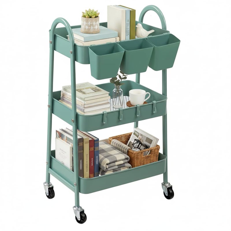 danpinera 3-Tier Rolling Cart, Utility Cart Mobile Metal Rolling Storage Cart with Lockable Wheels & Hanging Cups & Hooks for Kitchen, Bathroom, Office, Workshop, Green - Image 1