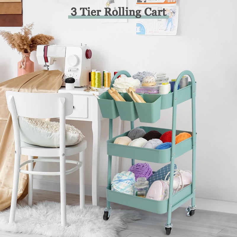danpinera 3-Tier Rolling Cart, Utility Cart Mobile Metal Rolling Storage Cart with Lockable Wheels & Hanging Cups & Hooks for Kitchen, Bathroom, Office, Workshop, Green - Image 5
