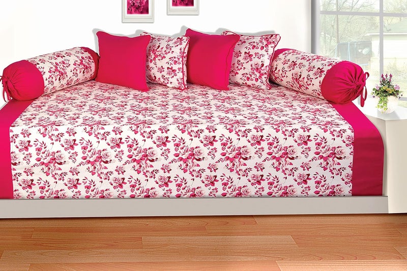 SHADES OF LIFE SHADES OF LIFE Cotton Pink Floral Printed Diwan Set with 1 Bedsheet 3 Cushions Covers and 2 Bolsters Covers for Living Room 60 90 Inch 