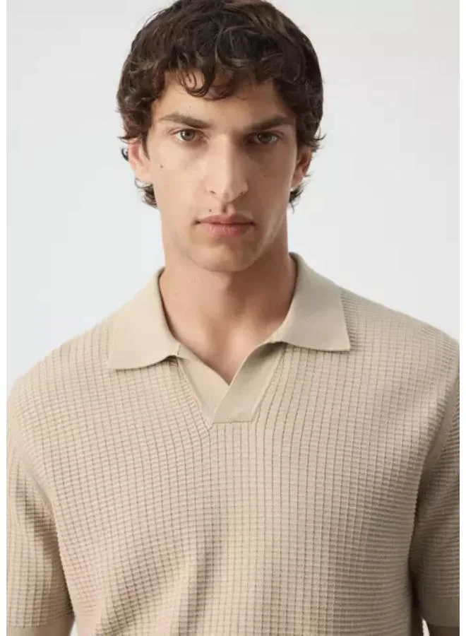 Mango Man 08-BEIGE 100% Cotton Knitted Polo Shirt for Men | Best Price UAE