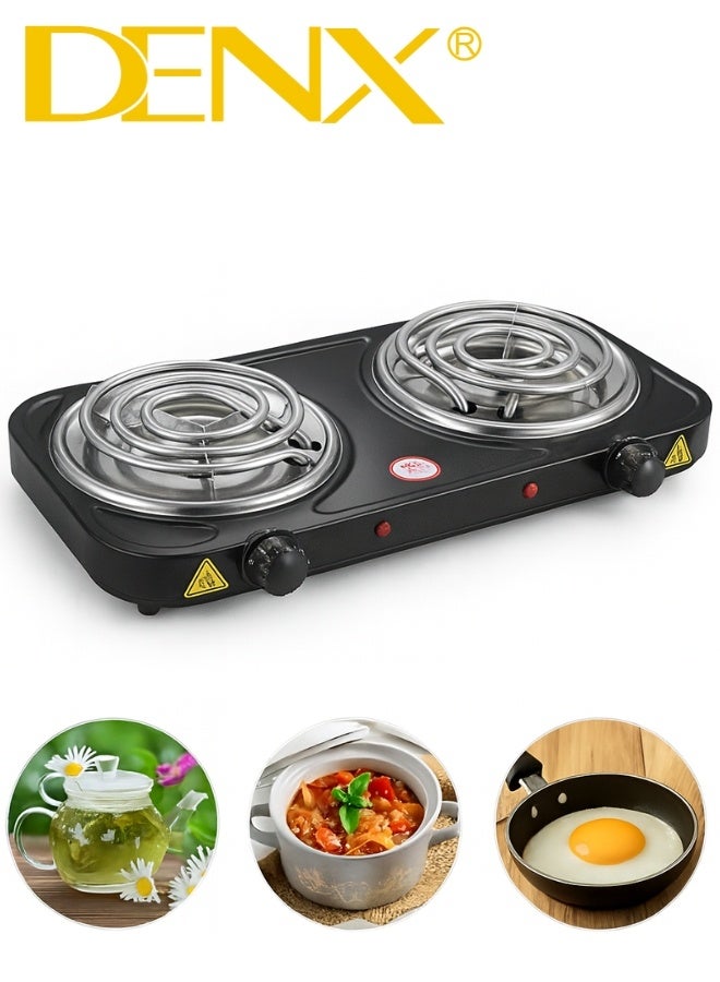 DENX DX2049 Double Burner Electric Hot Plate, 2000W (1000W + 1000W), Portable and Lightweight Design with Dual Heating Surfaces, Indicator Lights, and Temperature Control Knobs – Ideal for Kitchens, Trips, and Camping - Image 1