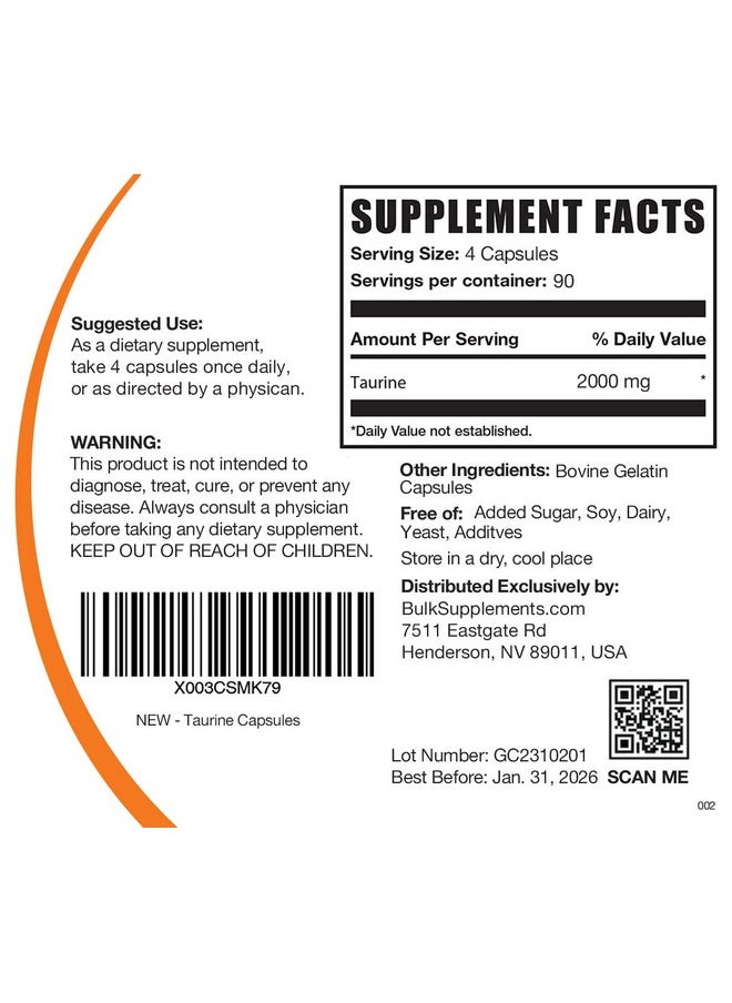 BulkSupplements - Taurine Capsules Taurine Supplement Amino Acid Supplement 4 Taurine 500Mg Capsules Per Serving (2000Mg) Taurine Pills 90Day Supply (360 Capsules) - Image 1
