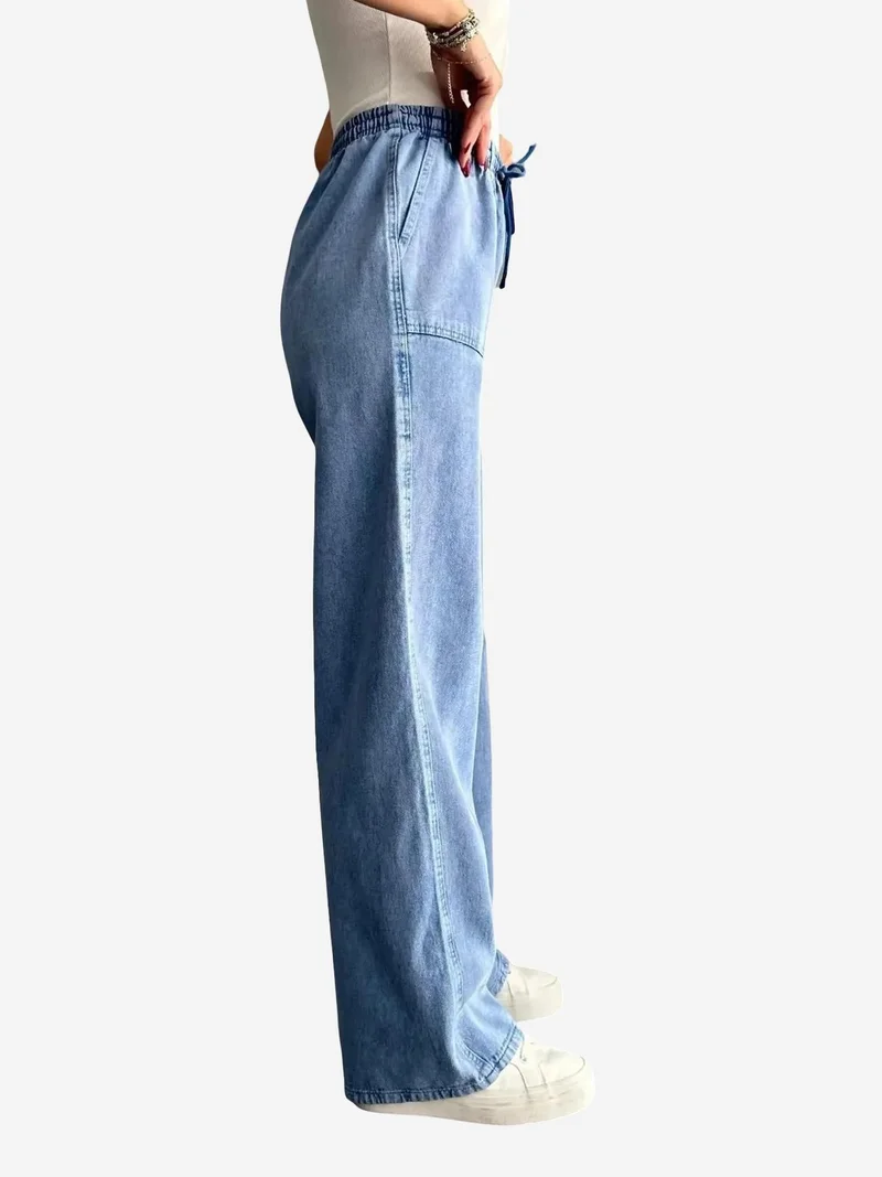 MixRay Maya Blue Mixray Elastic Waist Straight Leg Cotton Pants for Women | Best Price UAE