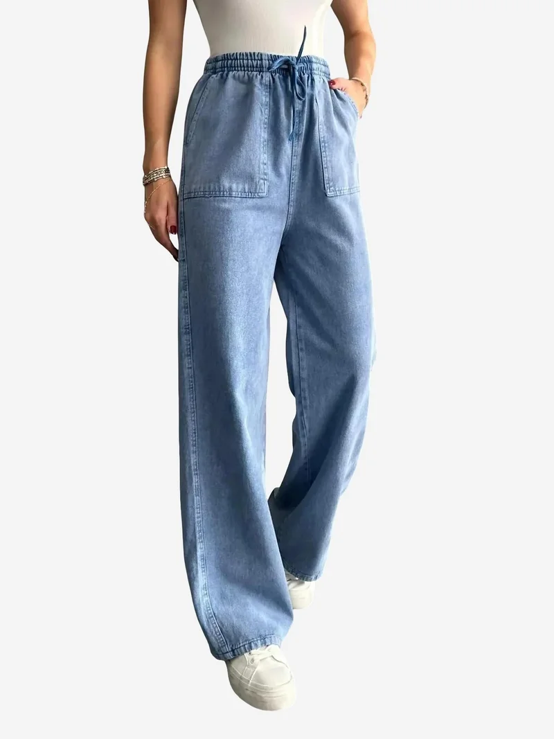 MixRay Maya Blue Mixray Elastic Waist Straight Leg Cotton Pants for Women | Best Price UAE