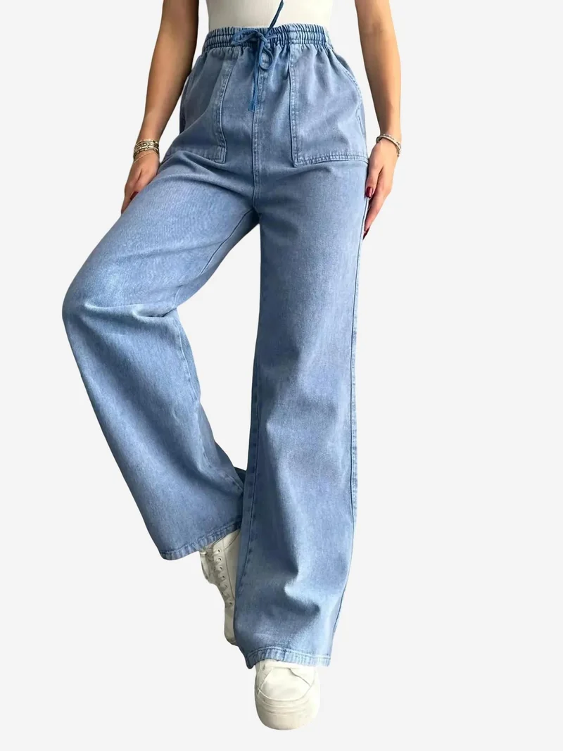 MixRay Maya Blue Mixray Elastic Waist Straight Leg Cotton Pants for Women | Best Price UAE
