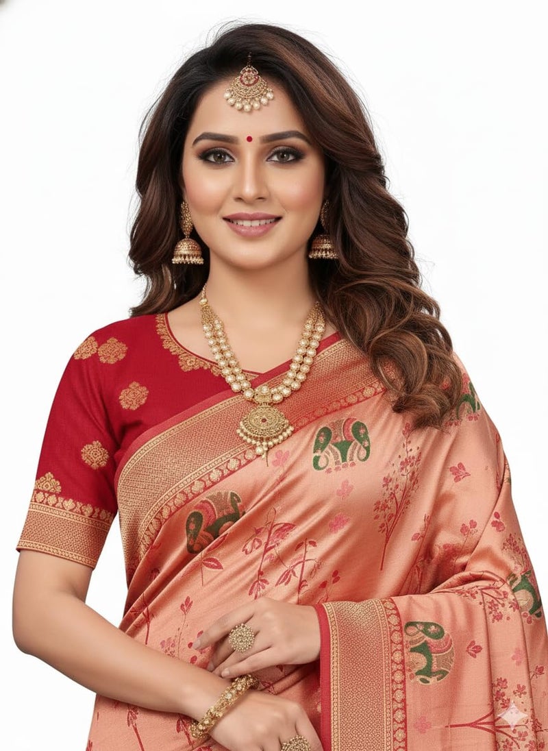 Vivatra Women Banarasi Soft Silk Saree | Jacquard Weaving with Rich Pallu & Border | Includ Matching Utitched Blouse Piece (VT-KP-6004-Pink) - Image 3