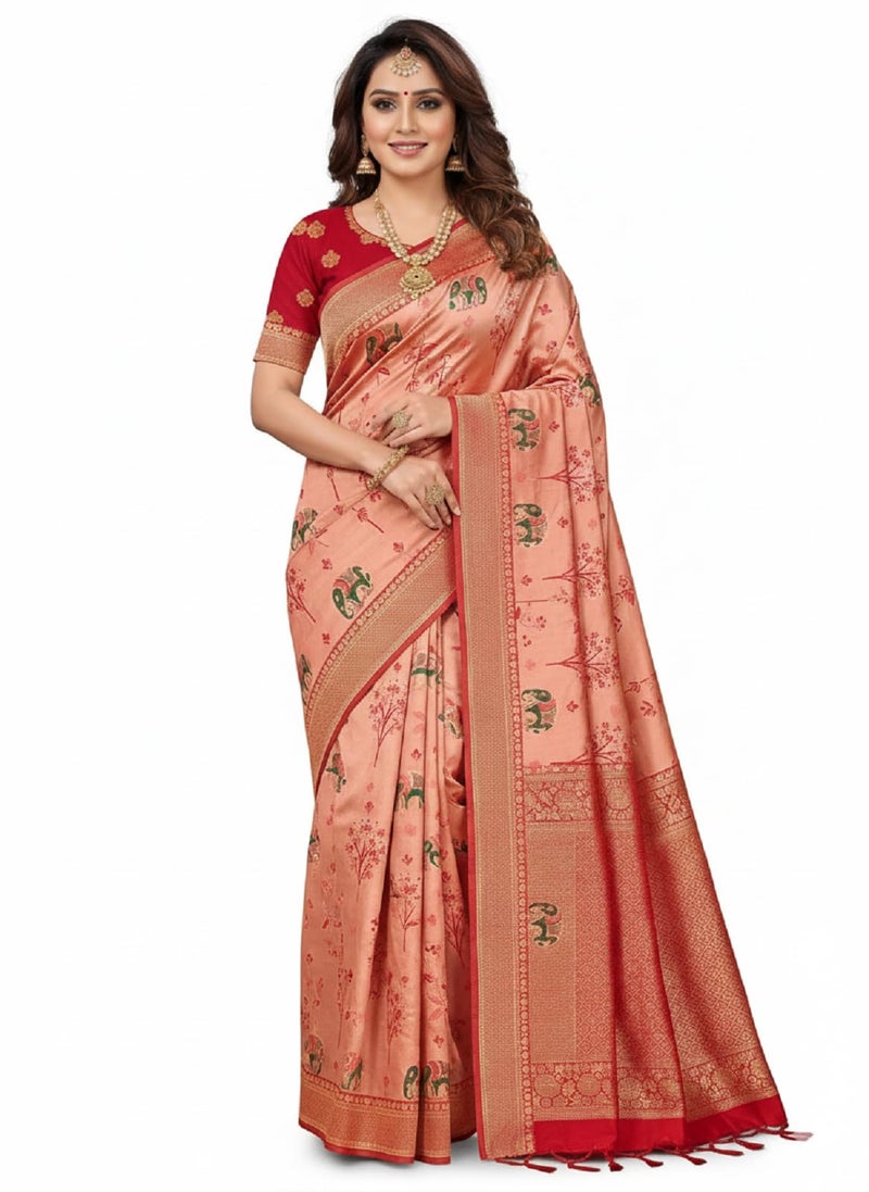 Vivatra Women Banarasi Soft Silk Saree | Jacquard Weaving with Rich Pallu & Border | Includ Matching Utitched Blouse Piece (VT-KP-6004-Pink) - Image 1