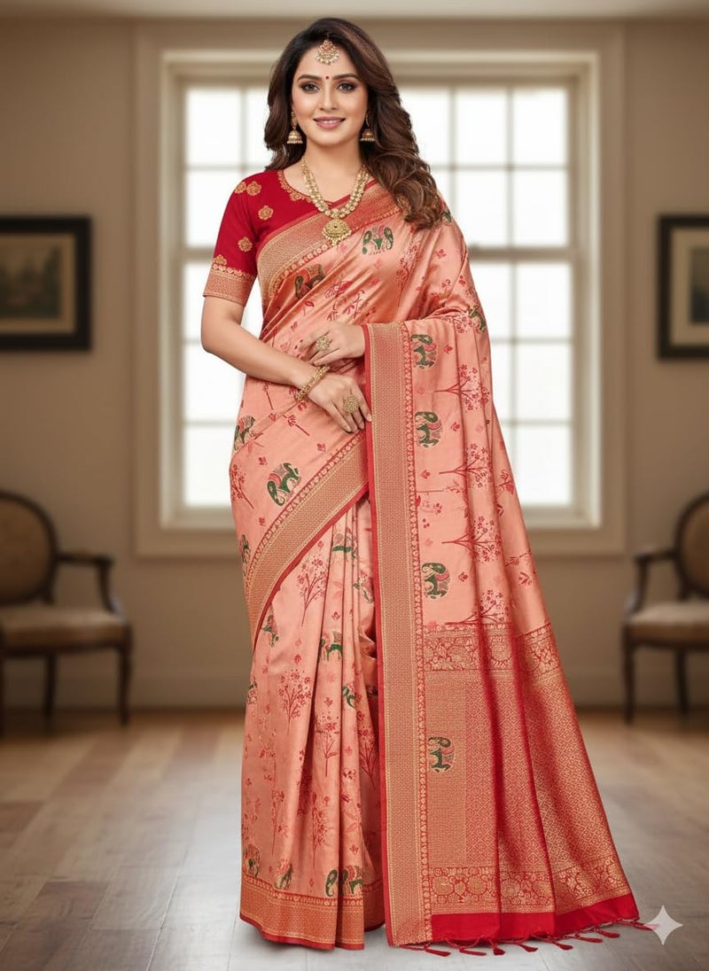 Vivatra Women Banarasi Soft Silk Saree | Jacquard Weaving with Rich Pallu & Border | Includ Matching Utitched Blouse Piece (VT-KP-6004-Pink) - Image 5