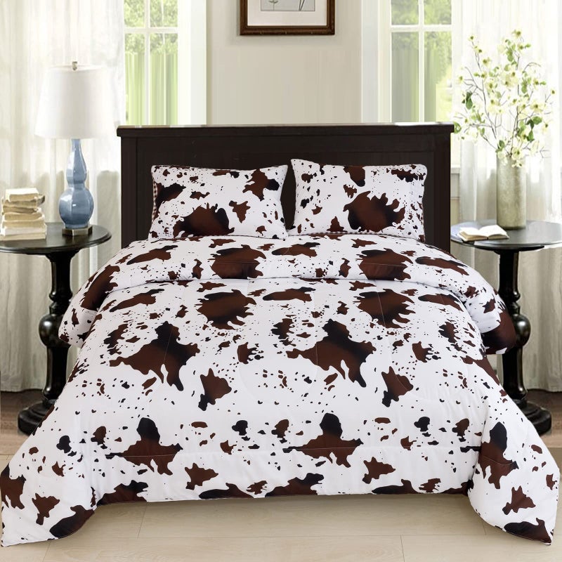 PERFEMET Queen Size Cow Print Bedding Comforter Set Brown White Cowhide Western Comforter Sets Geometric Checkered Reversible Cowboy Quilt Set Brown White Queen
