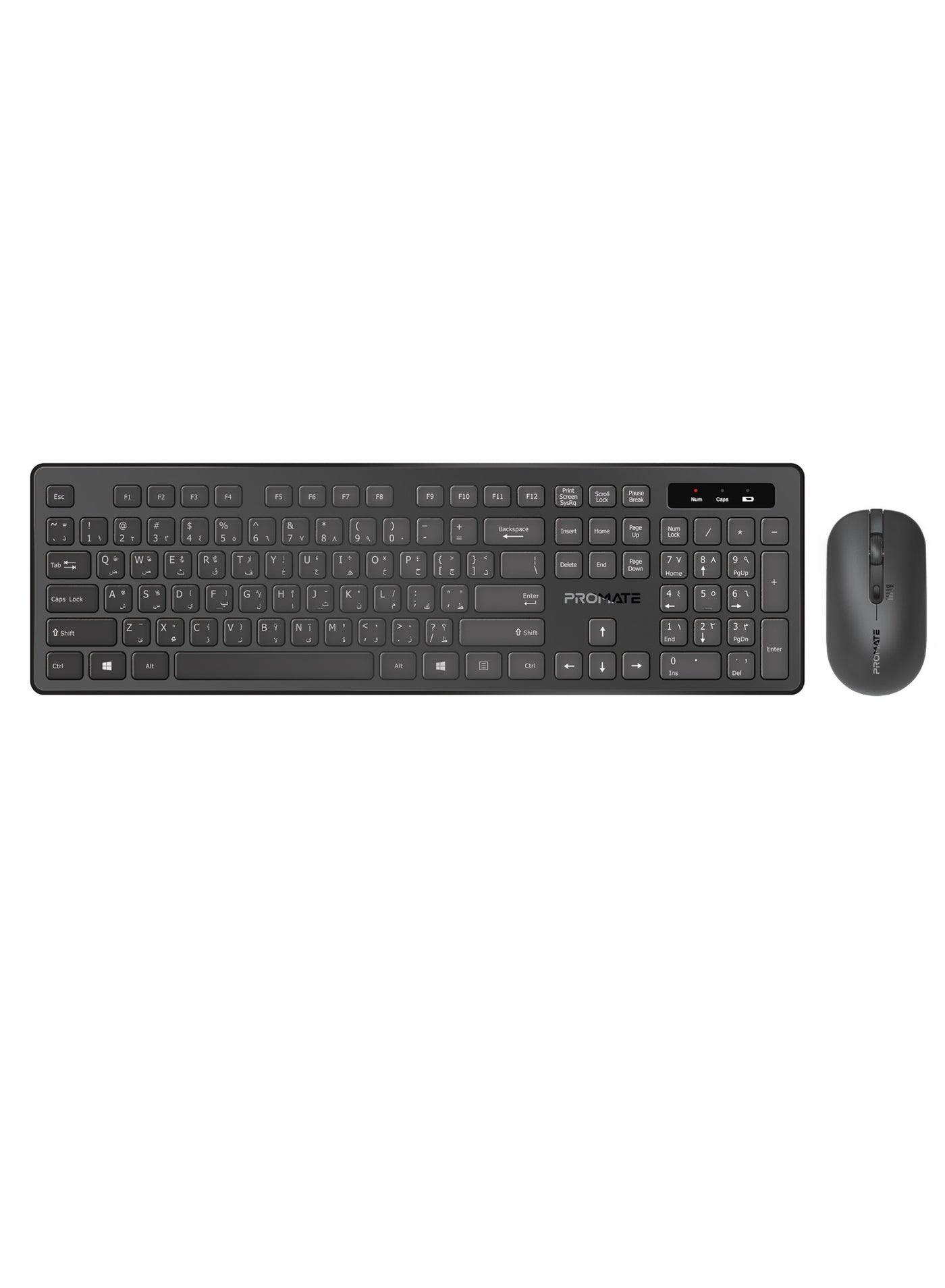 PROMATE Wireless Keyboard and Mouse Combo, Slim Full-Size 2.4Ghz Wireless Keyboard with 1600 DPI Ambidextrous Mouse, Nano USB Receiver, Quiet Keys, Angled Kickstand English/Arabic Black