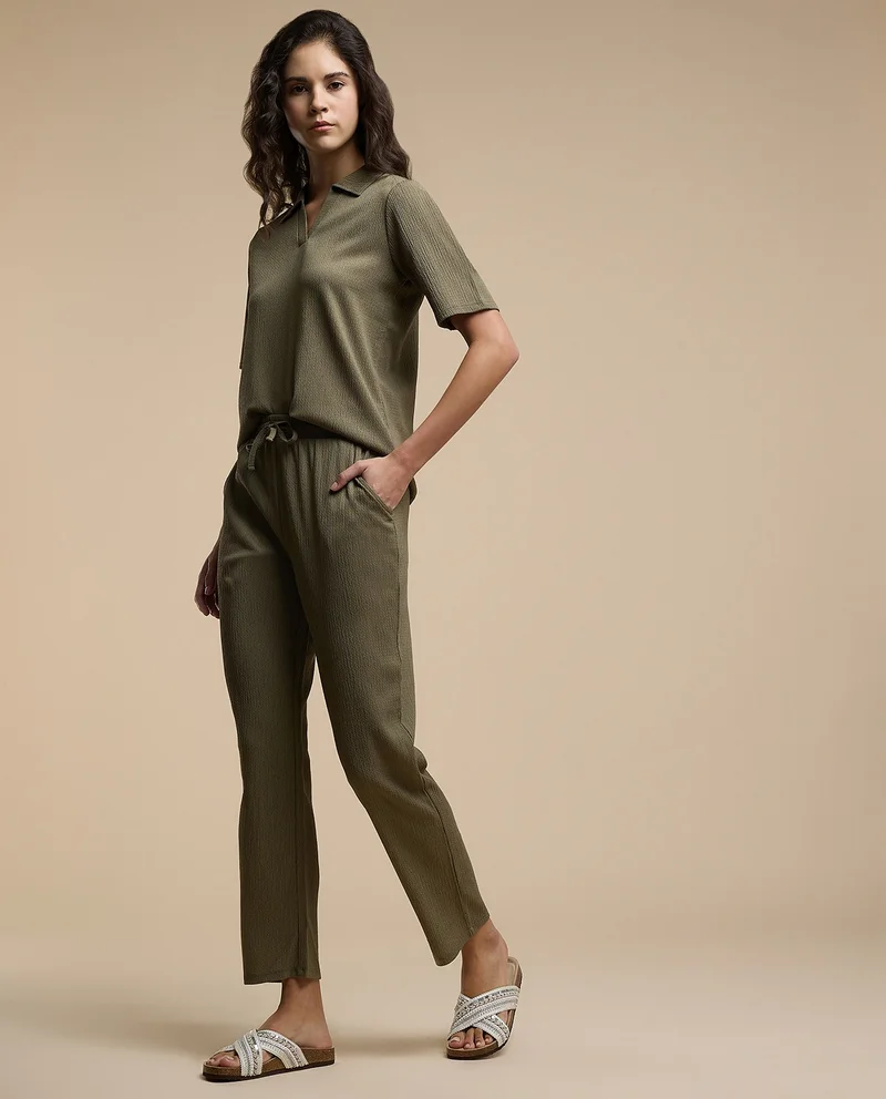 أر أند بي Textured Straight Fit Pants With Drawstring Waist