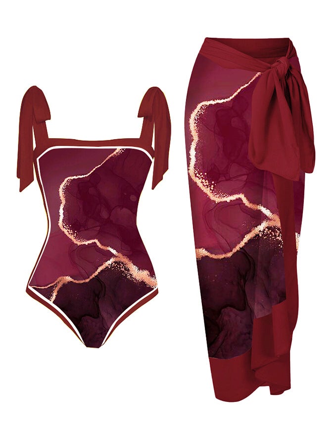 2023 New Fixed Edition Printed Two-Piece One-Piece Swimsuit Conservative Covered Hip Skirt Spot Swimsuit - Image 1