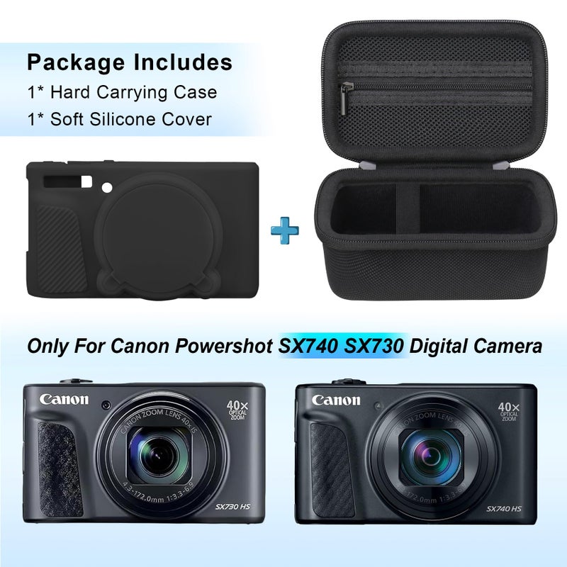 Canboc Case for Canon PowerShot SX740/SX730, Hard Carrying Case + Soft Silicone Protective Cover with Removable Lens Cover, Black - Image 2