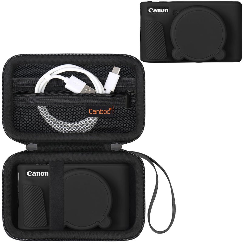 Canboc Case for Canon PowerShot SX740/SX730, Hard Carrying Case + Soft Silicone Protective Cover with Removable Lens Cover, Black - Image 1