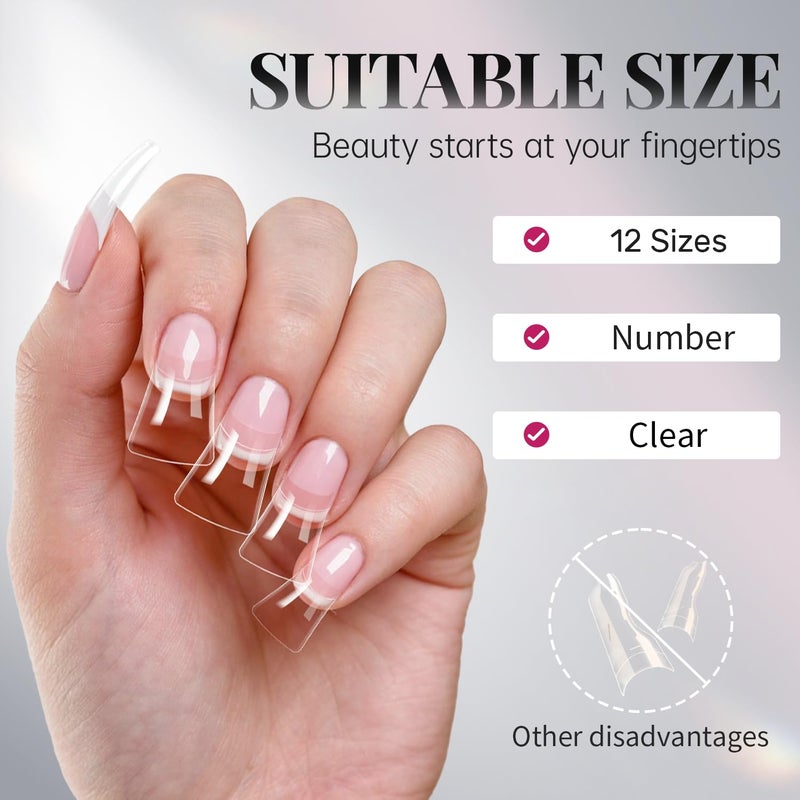 krofaue Duck Nail Tips - 240pcs Clear Soft Gel Curved Nail Tips 12 Sizes Crystal Duck Feet Style Half Cover False Nails Extra Wide French Nails with Box for DIY Salon - Image 4