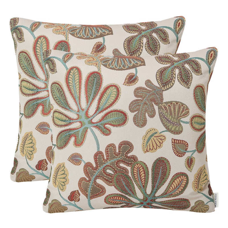 Mika Home Set of 2 Jacquard Tropical Leaf Pattern Throw Pillow Covers Decorative Pillowcase 22X22 InchesTeal Cream