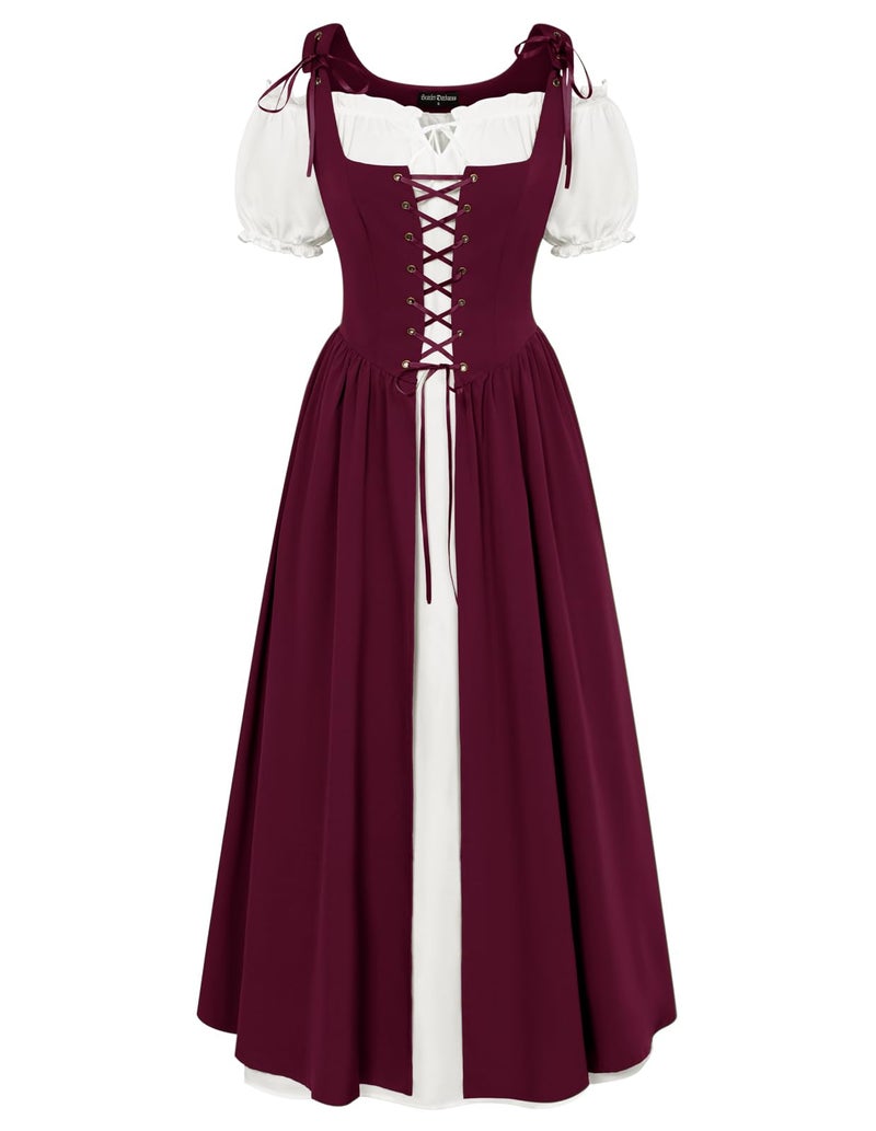 Scarlet Darkness Medieval Dress for Women Renaissance Costume Fairy Elf Short Sleeve Irish Chemise Dress Overdress Wine 2XL