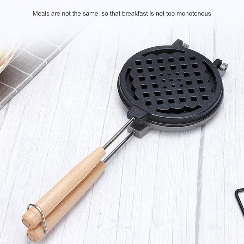 Wood Aluminum Alloy Nonstick Waffle Maker Pan Long Handle Stovetop Grill 5 5 Inch Round - Image 5