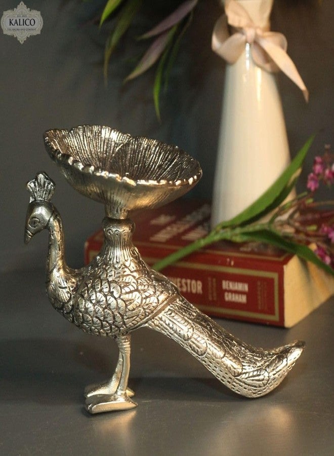 وعاء كاليكو المزخرف على شكل طاووس، تمثال طائر معدني عتيق مطلي بالفضة، حامل مجوهرات - Image 4